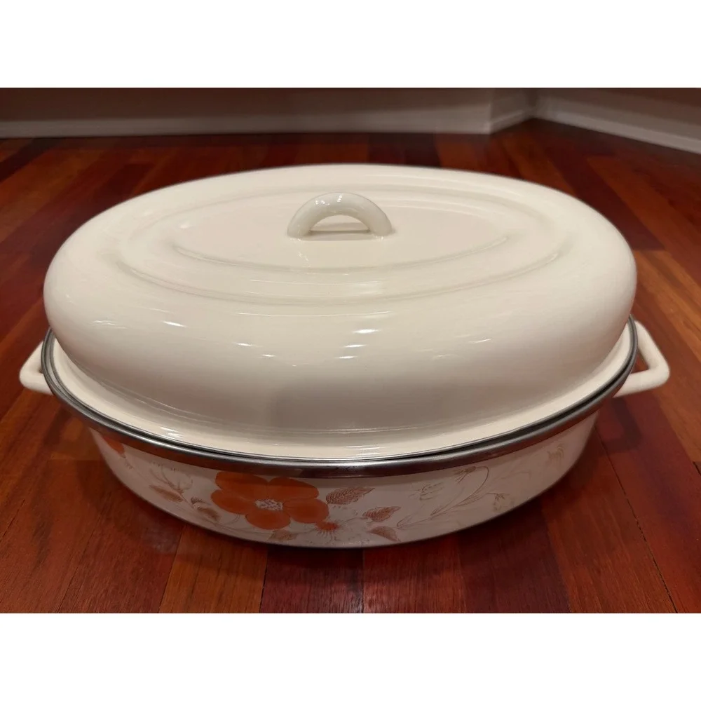 Vntg Watercolor Hearthside Blush Enamelware Oval Roasting Pan with Lid Floral‎